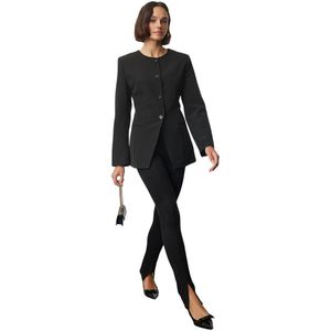 Trendyol Zwarte Ronde/Ronde Hals Getailleerde Taille Geweven Blazerjas Tweeaw25Bc00009