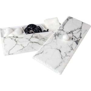 Intirilife Cosmetica Organizer met 3 vakken en deksel, van kunststof met marmerlook - 23.3 x 9.4 x 9.5 cm - Opbergcontainer voor wattenstaafjes, wattenschijfjes, watttenbollen