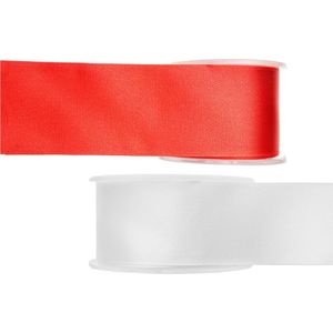 Satijn sierlint pakket - rood/wit - 2,5 cm x 25 meter - Hobby/decoratie/knutselen - 2x rollen