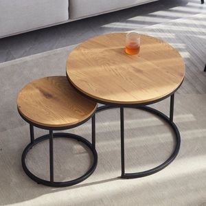 Tafel - 2pcs - Scandinavische Ronde Tafel - Modern Minimalistisch - Massief Houten Deksel - Stalen Frame - L60 x B60 x H44.5cm (Groot)- L40 x B40 x H34.5cm (Klein) - Licht Eiken