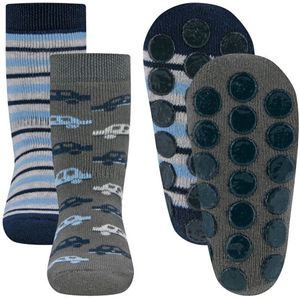 Antislipsokken Ewers - Set 2-Pack -Grijs/Blauw met Autos & Strepen - Elastisch - Noppenzool-23/26