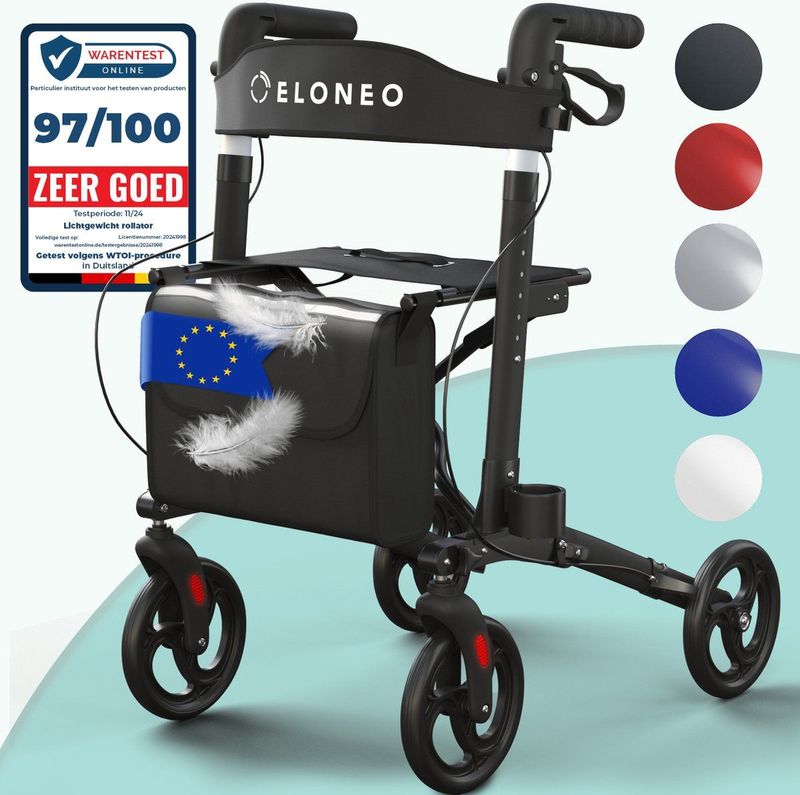 ELONEO - Rollator - Zwart - Lichtgewicht en Opvouwbaar - Met Rugleuning en Tas