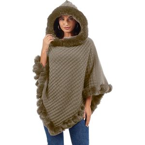 Dames poncho winter warme cape met capuchon elegant imitatiebont trui gebreide poncho - 100% polyacryl - Kaki