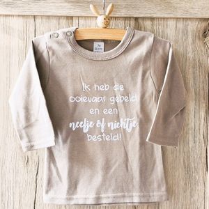 Shirt ik heb de ooievaar gebeld en een nichtje of neefje besteld | kort mouw | zand beige | maat 56 zwangerschap aankondiging bekendmaking baby