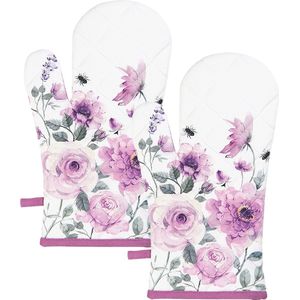 HAES DECO - Set van 2 Ovenwanten - formaat 18x30 cm - kleuren Paars / Roze / Wit /Groen - van 100% Katoen - Collectie: Roses and Butterflies - Ovenhandschoenen