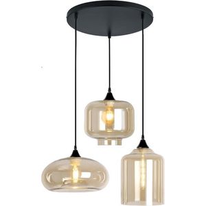 ByMus Chiloé - Hanglamp Woonkamer - Zwart - Glas - Amber - Hanglamp industrieel - Hanglamp Eetkamer - Hanglamp set - Hanglamp modern