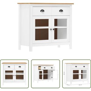 The Living Store Hill Houten Dressoir - 90 x 40 x 80 cm - wit en honingbruin - massief grenenhout - 2 lades - 2 schappen - 2 glazen deuren