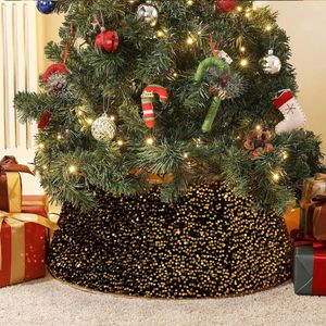 Kerstboomrok, 66 cm kerstboomdeken, decoratieve boomkraag met pailletten, kerstboomdeken, opvouwbare kerstboomkraag voor vakantie, Kerstmis, thuis, feest, zwart + goud