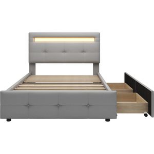 Gotagee Gestoffeerd bed 90x200cm Jeugdbed (zonder matras) met LED Grijs Linnen