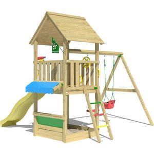 Jungle Gym speeltoestel van grenen hout - Jungle Suite met gele glijbaan - Tuin speeltoestel voor buiten met zandbak en schommels