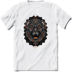 Leeuw - Dieren Mandala T-Shirt | Oranje | Grappig Verjaardag Zentangle Dierenkop Cadeau Shirt | Dames - Heren - Unisex | Wildlife Tshirt Kleding Kado | - Wit - 3XL