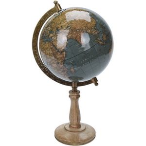 Decoratie wereldbol/globe blauw op mangohouten voet/standaard 16 x 32 cm - Landen/contintenten topografie