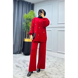 SOCKSTON- Tweedelig pak voor dames - Set van Gebreide broek en trui met sieraden erop- Rood