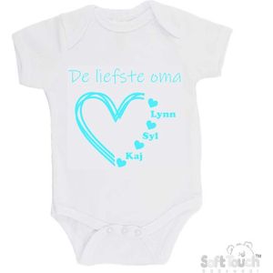 100% katoenen Romper ""De liefste oma met de namen van 3 kleinkinderen"" Unisex Katoen Wit/aquablauw Maat 62/68