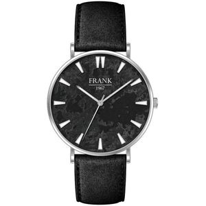 Frank 1967  7FW 0018 Metalen Horloge met Leren Band -Doorsnee 47 mm - Zilverkleurig / Zwart