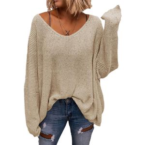 Women's V-Neck Loose Fit Knitted Jumper Long Sleeve Oversized Tops