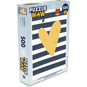 Puzzel Illustratie van een geel hart op een wit met grijs gestreepte achtergrond - Legpuzzel - Puzzel 500 stukjes