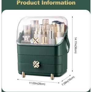 Draagbare make-uporganizer; opbergbox voor cosmetica; met stofdicht deksel; organizer met 2 laden en draaggreep, 180 graden draaibaar (groen, C)