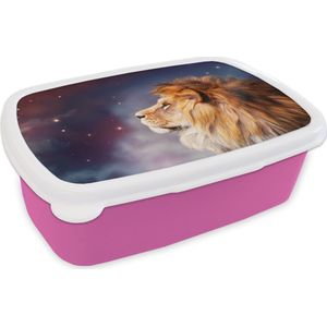 Broodtrommel Roze - Lunchbox - Brooddoos - Leeuwen - Sterrenhemel - Kleuren - 18x12x6 cm - Kinderen - Meisje