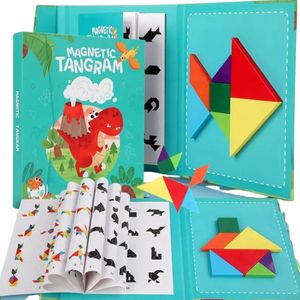 Playos® - Tangram Puzzel - Dinosaurus - Magneetboek - Houten Puzzel - Vormen Puzzel - Puzzelboek - Reisspel - Reis Speelgoed - Educatief Speelgoed - Ruimtelijk Inzicht - Motorisch Speelgoed - Puzzelboek - Peuters en Kleuters - Dino