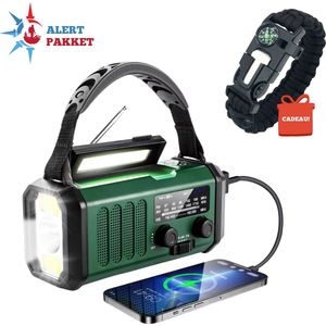 Alert Pakket Noodradio Solar Opwindbaar – 10.000mAh Powerbank, Dynamo & Zaklamp – Noodpakket Radio voor Thuis 72 Uur, Camping & Black-out – Incl. ResQBand Armband