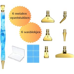 Luxe Diamond painting Pen met 6 Metalen opzetstukken Goud kleur incl. opbergdoos, 6 x Waxblokjes en Opbergbakje Light Blauw