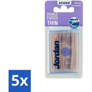 5 x Jordan Tandenstokers Double Ended Thin 100 stuks per verpakking - Tandenstokers Met Fluoride - Tandenstokers Met Mintsmaak - Tandenstokers Dun - Tandenstokers Dubbelzijdig