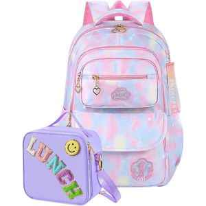 Ultiluxe® Rugzak met lunchtas - Blauw/paars - 2 stuks - Schooltas voor kinderen - 40 x 26 x 18 cm - Princess sleutelhanger - 2-delige tassen set voor meiden - Rugtas met hartjes ritssluitingen - Meisjes crossbody tas - Kleine schoudertas met smiley