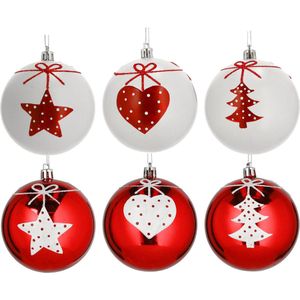 Cepewa Kerstballen - 6 stuks - gedecoreerd - rood - wit - kunststof - 6 cm