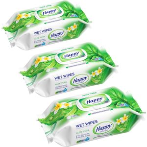 Happy Wet Wipes Aloë Vera 3 x 102 vochtige reliëf doeken PH 5.5 gebalanceerd