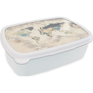 Broodtrommel Wit - Lunchbox - Brooddoos - Wereldkaart - Vintage - Pastel - 18x12x6 cm - Volwassenen