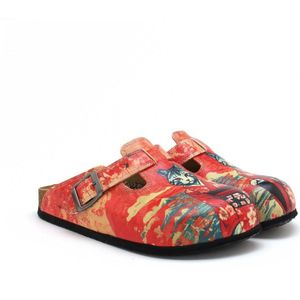 Goby Dames Clogs – Rood Kattenprint – Handgemaakte Instappers – Vegan Leer – Ergonomisch Voetbed – Maat 35