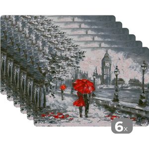 Placemat - Placemats kunststof - Schilderij - Paraplu - Olieverf - 45x30 cm - 6 stuks - Hittebestendig - Anti-Slip - Onderlegger - Afneembaar