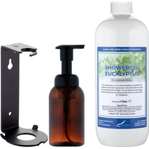 Zeepdispenser 300 ml amber bruin hervulbaar + 1 liter Showergel Eucalyptus navulling (inclusief beugel)