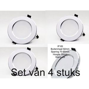 Set van 4 stuks badkamerlamp waterdichte inbouwspot. Led paneel geschikt voor de badkamer of buiten. Sparing 70-85 mm. Buitenmaat 92 mm. Hoogte IP 65 spot is 30 mm. Lichtkleur van deze badkamerlamp is warm wit.