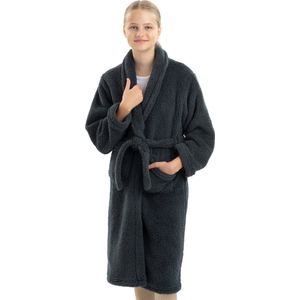 HOMELEVEL zijdezachte badjas voor kinderen - Kinderbadjas sherpa fleece - Voor jongens en meisjes - Zwart - Maat 146/152