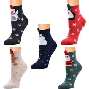 5x Kerstsokken Unisex – Kerstman, Sneeuwpop, IJsbeer & Pinguïn – One Size (36-41) – Kerstsokken Heren & Dames – Foute Kerstsokken – Perfect Kerstcadeau - Kerst Relatiegeschenk