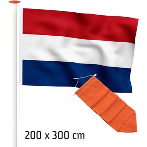 NR 112+54: Nederlandse vlag/ vlag Nederland 200x300cm Marineblauw + oranje wimpel 350cm. Actieset geschikt voor een mast van 7 of 8 meter: