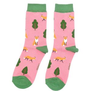 Miss Sparrow - dames sokken vossen en bomen - pink - vossenprint - vos - bamboe sokken - leuke sokken - dierenprint