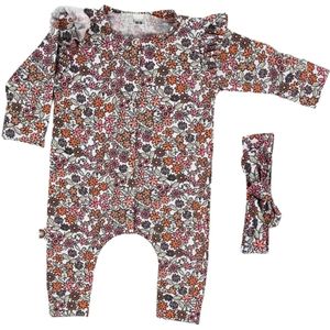 Handgemaakt boxpakje Vintage Bloemen met ruffle mouwtjes en haarstrikje (maat 50-56)