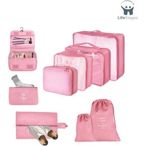 LifeStages - Koffer Organizer Set - Koffer Organiser Set - 9-delige set kubussen - Multifunctionele Waterdichte Verpakkingsblokken - Compressie Koffer Organiser - Kleding Tassen - Schoenentas - Cosmetische Tas voor Reizen - Roze