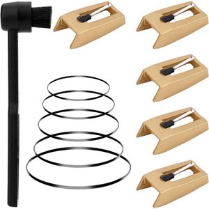 Allecto Plus - Vervangbare platenspelernaalden set met draaitafelriemen en reinigingsborstel - Accessoires voor platenspeler - Crosley Victrola - Goud - Set van 5 stuks .