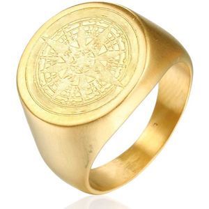 Kompas Zegelring Heren Goud kleurig met Gravering - Staal - Ring Ringen - Cadeau voor Man - Mannen Cadeautjes