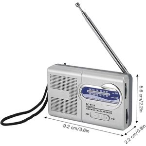 AM/FM multifunctionele radio op batterijen, zilvergrijs, draagbare mini-radio voor reizen, wandelen en fietsen