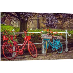 WallClassics - PVC Schuimplaat- Rode en blauwe Fiets met Bloemen bij wit Hek voor de Gracht - 120x80 cm Foto op PVC Schuimplaat