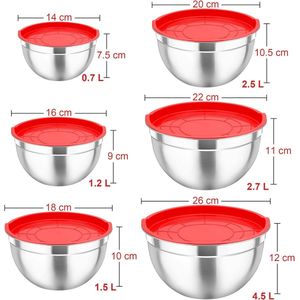 Set van 6 roestvrijstalen mengkomen, slakommen met luchtdicht deksel, ideaal voor het mengen en serveren, stapelbaar en vaatwasmachinebestendig, 4,5 l/2,7 l/2,5 l/1,5 l/1,2 l/0,7 l, rood