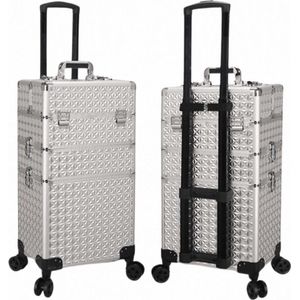 Kapper Koffer Zilver | Nagel | Visagist | Make-up | Cosmetica | Schminken | Trolley stevig en gemaakt van aluminium | 3 Delig | 8 Wielen | Bedekt met mooie diamantjes