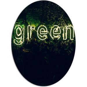 Dibond Ovaal - ''GREEN'' Neon Letters tussen Struiken - 81x108 cm Foto op Ovaal (Met Ophangsysteem)