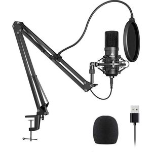 MAONO AU-A04 podcast microfoon set, USB condensator microfoon incl. beweegbare arm en filter zwart