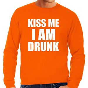 Fun sweater - kiss me I am drunk - oranje - heren - Feest outfit / kleding / trui / Koningsdag/ Nederland/ EK/ WK S